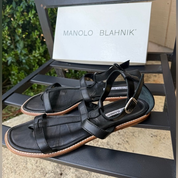 Manolo Blahnik Black Leather Gladiator Sandals Flat With Box Size 41 - Picture 3 of 13